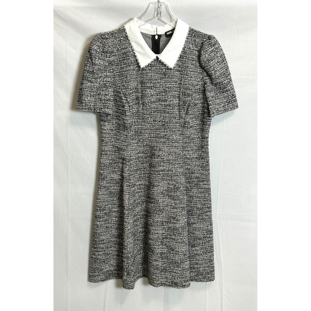 Karl Lagerfeld Paris Tweed Mini Dress Black Whte Faux Pearl Short Puff Sleeve 12 - Picture 2 of 16